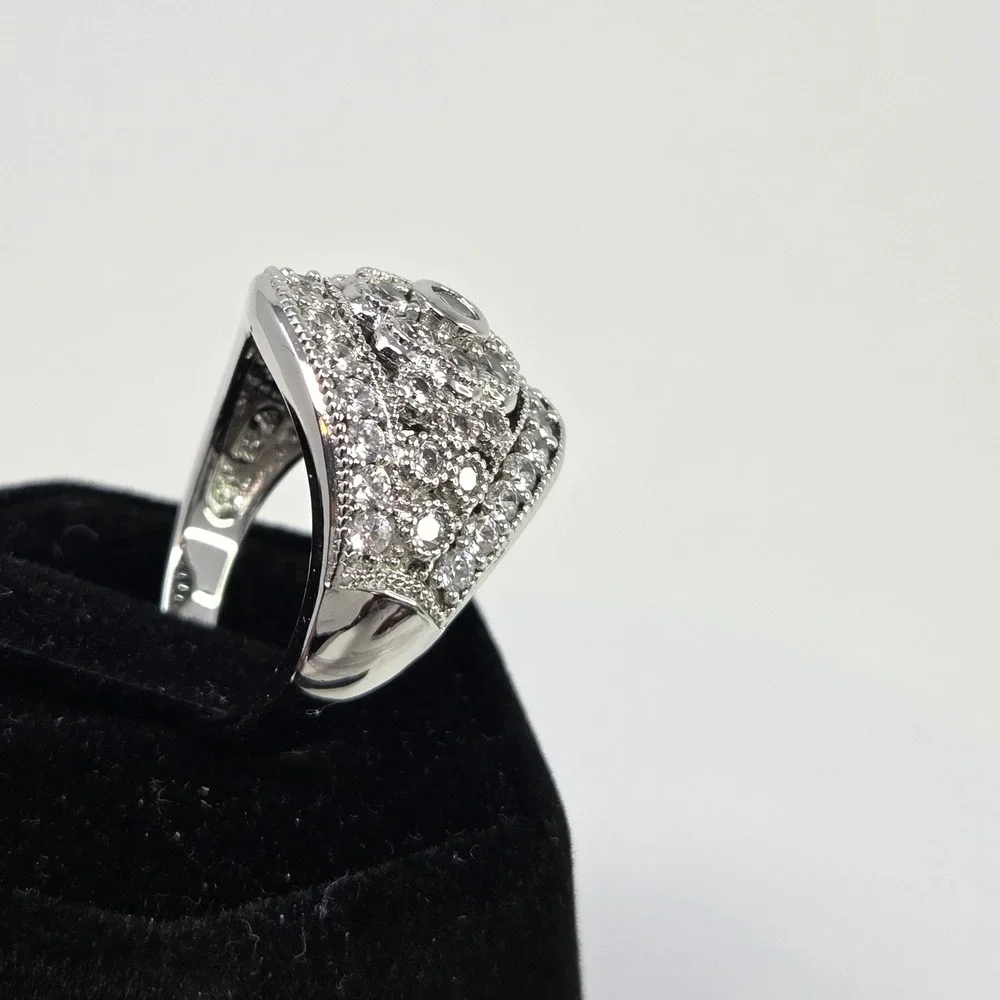 Vintage Sterling Silver Rhodium CZ Flower Dome Cocktail Statement Ring Size‎ 8